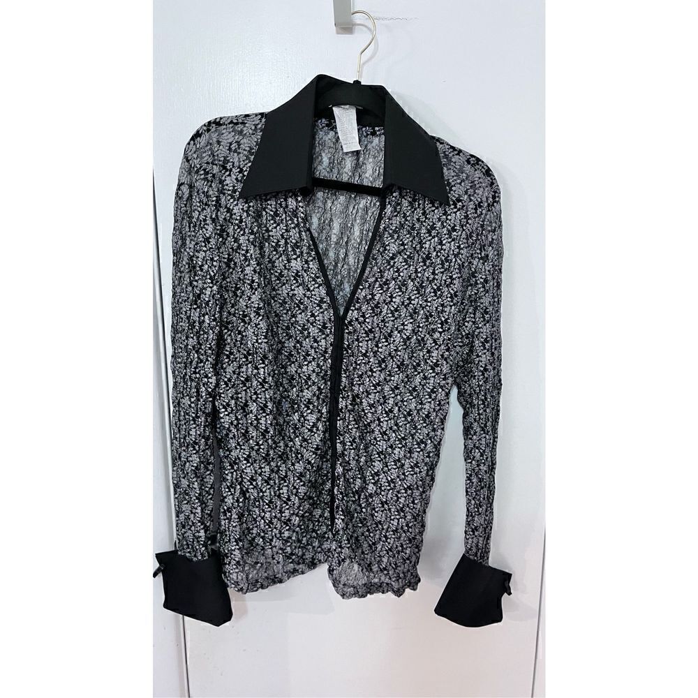 NARACAMICIE BLACK WHITE LACE SHEER BUTTON DOWN BLOUSE WOMENS SZ 12